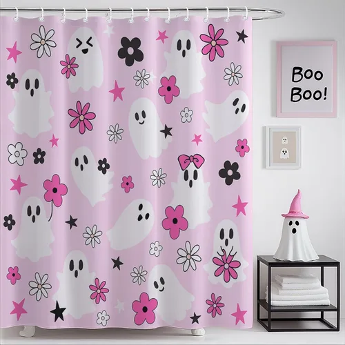 Mocsicka Cortina de ducha rosa de Halloween, bonita decoración de baño de fantasma, cortina de ducha de fantasma floral genial, cortina de baño