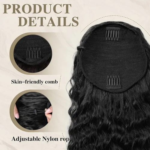Miniatura 3 de Extensión de cola de caballo de cabello humano de 12 pulgadas con cordón rizado profundo para mujeres negras, extensión rizada 3C, color negro