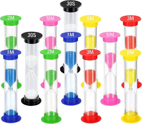 Miniatura 9 de Temporizador de arena para niños, juego de 8 pequeños reloj de arena colorido acrílico cubierto de 30 segundos, 1 minuto, 2 minutos, 3 minutos, 4