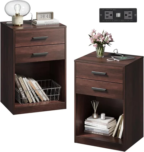 Miniatura 8 de WLIVE Juego de 2 mesitas de noche con estación de carga, juegos de mesa de noche de madera con 2 cajones y estante abierto, mesas auxiliares de cama