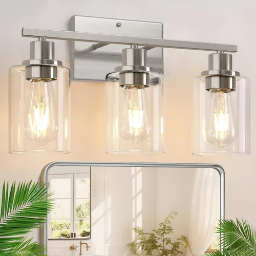 Miniatura 20 de Indoi Lámparas de baño de 4 luces, luces de tocador de níquel cepillado con pantallas de vidrio transparente, moderna lámpara de pared de baño