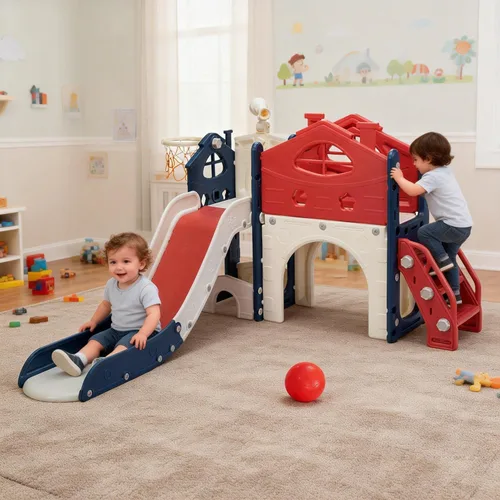 Miniatura 8 de NYEEKOY Tobogán 8 en 1, toboganes de interior para niños pequeños de 1 a 3 años, tobogán para niños con aro de baloncesto, toboganes independientes