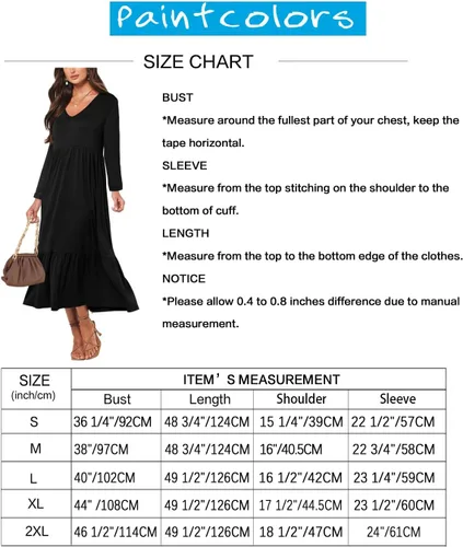 Miniatura 6 de Paintcolors Vestido largo casual de manga larga con cuello en V para mujer, vestido escalonado, color sólido, holgado, con vuelo, vestido midi