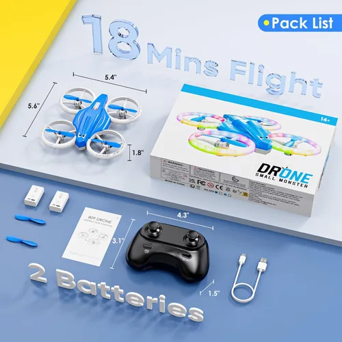 Miniatura 7 de Dron para niños y principiantes con luz LED, pequeño dron de interior con luces RC, voltereta de 360, 2 baterías, juguete volador para niños, regalo