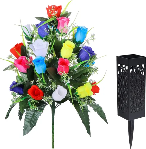 Miniatura 5 de LVXINLI 2 juegos de flores artificiales para cementerios, decoraciones de tumba al aire libre con rosas, hermosos arreglos florales con jarrón