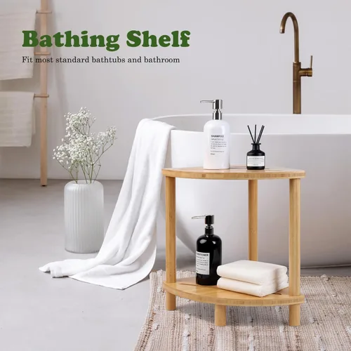 Miniatura 2 de Taburete de ducha esquinero de bambú mejorado para ducha interior impermeable, reposapiés de ducha de 2 niveles con estante de almacenamiento