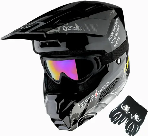Miniatura 18 de 1Storm Casco de motocross juvenil ATV BMX Dirt Bike Go Kart Skate para niños, multideportes, adolescente, blanco brillante + gafas + guantes Paquete