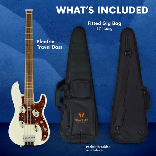 Miniatura 5 de Traveler Guitar TB-4P Pearl White Bass Guitarra de viaje con entrada auxiliar Bajo de 4 cuerdas con 22 trastes jumbo Bajo eléctrico portátil