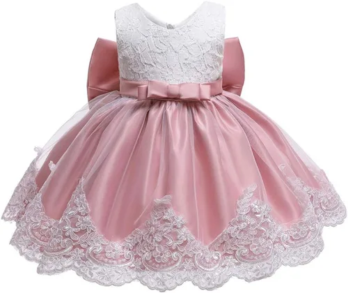 Miniatura 5 de Vestido de encaje y diadema formal con nudo de princesa y moño para niñas (color rojo sandía, 3-6 meses)