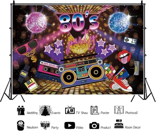 Miniatura 2 de Leyiyi Telón de fondo de fiesta de los años 80 de 5 x 3 pies con temática musical para fotografía, estilo retro, fondo de neón de los 80, hip hop