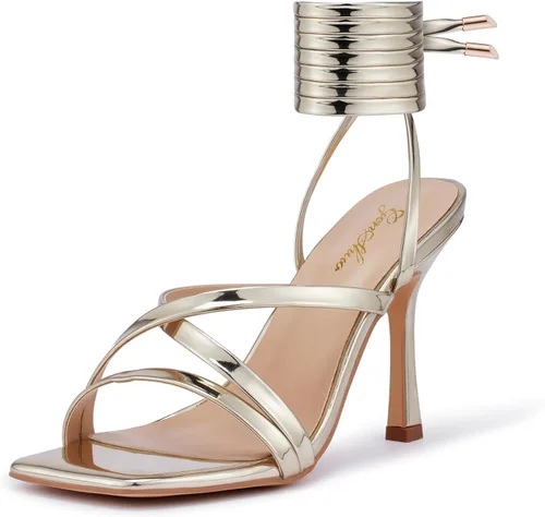 GENSHUO Sandalias de tacón para mujer con tiras y cordones de tacón alto, sandalias de punta cuadrada, sandalias de tacón para fiestas, bailes,