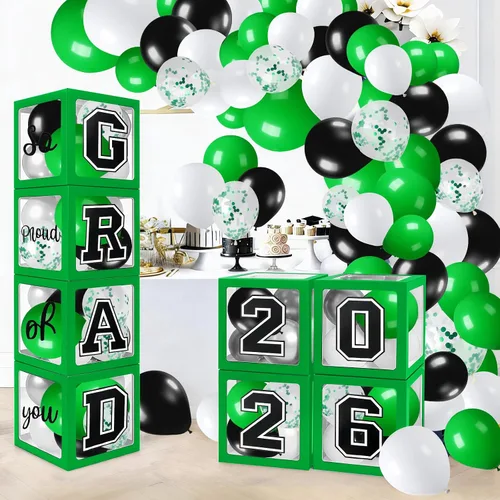 Miniatura 10 de Decoraciones de graduación 2026, juego de 4 cajas con 129 globos arco guirnalda kit suministros de fiesta para cualquier grado negro