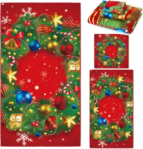 Miniatura 10 de Preboun Juego de 3 toallas de baño navideñas de gnomo, toallas de mano con árbol de Navidad, toallas de baño con copos de nieve de invierno, toallas