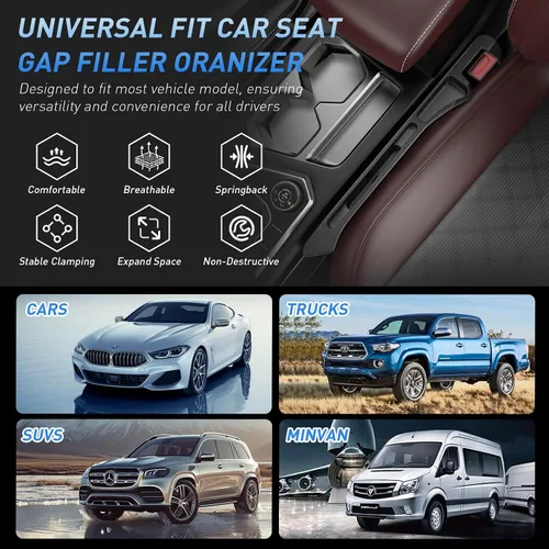 Miniatura 6 de Relleno para Huecos de Asiento de Carro Paquete de 2, Se Inserta Entre Asientos y Consola con Almacenamiento Organizador, Soporte de Teléfono