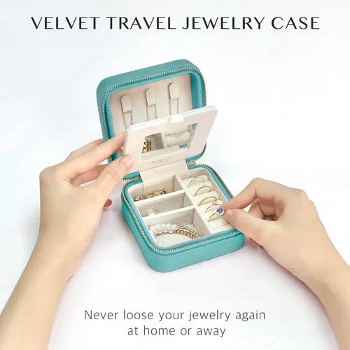 Miniatura 22 de BLUTETE Joyero de viaje organizador de terciopelo con anillos de espejo, aretes, collares, caja organizadora de almacenamiento (negro)