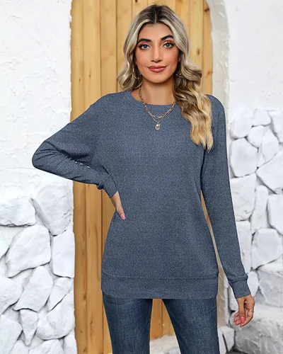 Miniatura 4 de Ficerd Paquete de 2 sudaderas casuales para mujer, camisas de algodón de manga larga, ajuste holgado, ligeras, cuello redondo, básicas, lindas