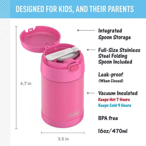 Miniatura 2 de THERMOS FUNTAINER Tarro de alimentos de acero inoxidable aislado al vacío de 16 onzas con cuchara plegable, rosa neón