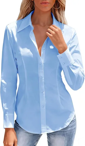 Miniatura 13 de Camisas con botones para mujer, camisa de vestir ajustada sin arrugas, blusa con cuello para trabajo, ropa de oficina, atuendo de otoño