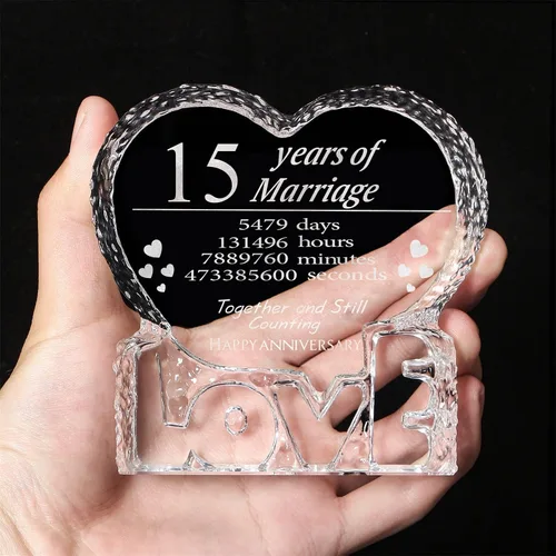 Miniatura 4 de KWOOD Cristal grabado personalizado en forma de corazón, regalo de boda de 15 aniversario para parejas, esposa, novia, marido, novio (15 aniversario)