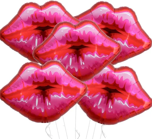 Miniatura 7 de Paquete de 10 globos grandes de labios rojos y rosados, globos de corazón para decoración de fiestas temáticas de maquillaje, aniversario, Kiss the