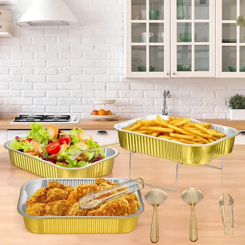 Miniatura 4 de Maxcheck 4 Juegos de Bandejas Calentadoras Desechables para Buffet, Juego de Chafing Dishes con Soportes de Alambre para Buffet, Kit de Soporte