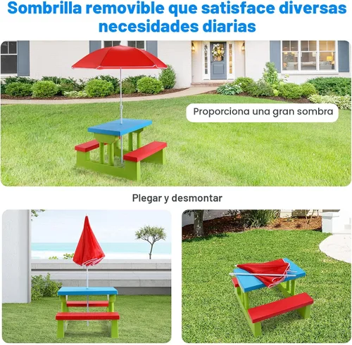 Miniatura 4 de Costzon Mesa de picnic para niños, mesa y banco para interiores y exteriores con paraguas extraíble, mesa de picnic portátil para niños pequeños