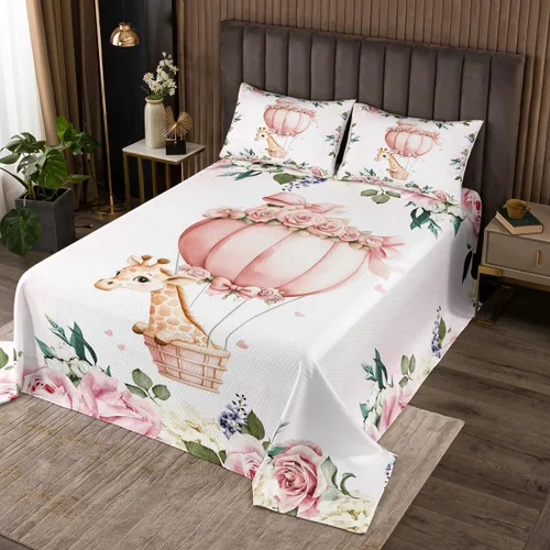 Miniatura 29 de Manfei Lindo pingüino para niños, tamaño individual, juego de colcha de princesa con lazo rosa con globo aerostático, decoración de habitación