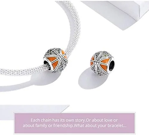 Miniatura 4 de Abalorio de cuentas de voleibol de plata de ley 925 con cuentas deportivas, pulsera original (personaje de baloncesto naranja)