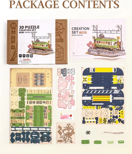 Miniatura 8 de Rompecabezas de madera 3D para adultos, Sakura Journey Tram, modelos de kits de coche para adultos, kits de manualidades de bricolaje, regalo
