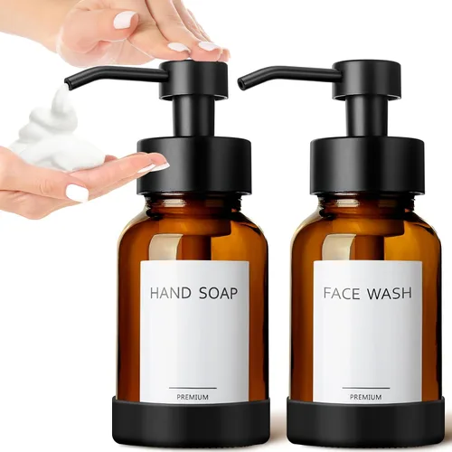 Miniatura 10 de GMISUN Dispensador de jabón espumoso, dispensador de jabón de espuma de vidrio ámbar de 8.5 fl oz / 8.5 fl oz para baño y cocina, paquete de 2