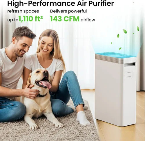 VUSIGN Purificador de aire para mascotas domésticas de hasta 1110 pies cuadrados, CADR 143 CFM, filtro HEPA H13, pantalla con sensor de calidad de