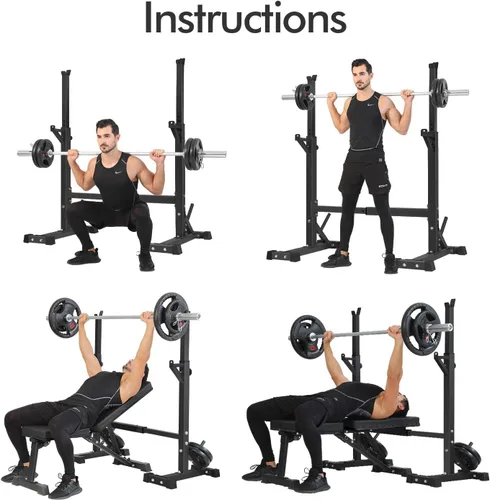 Miniatura 5 de BangTong&Li Soporte para sentadillas, estante para pesas, soporte de prensa de banco, soporte para gimnasio en casa, soporte de peso ajustable