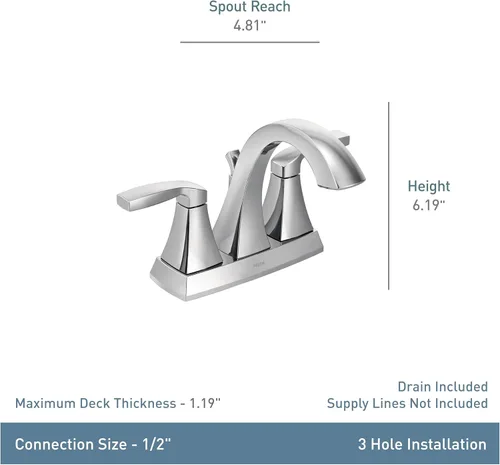 Miniatura 4 de Moen Voss – Grifo de baño de arco alto con dos manijas y centrado, cromado, 6901