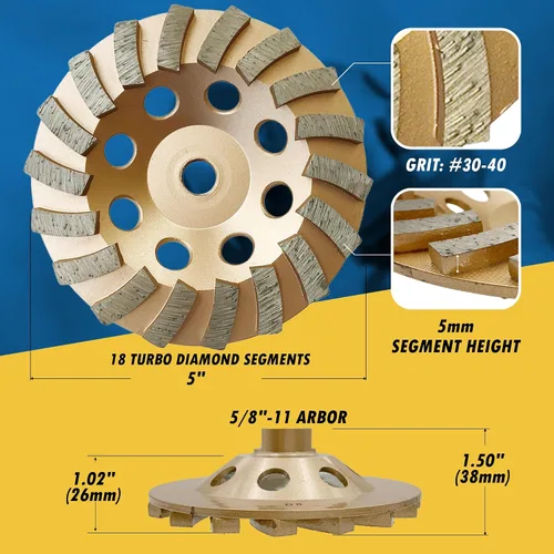 Miniatura 4 de Ruedas de molienda de diamante de 5 pulgadas para hormigón o mampostería, 18 segmentos turbo, grano #30/40, unión media, eje de 5/8"-11