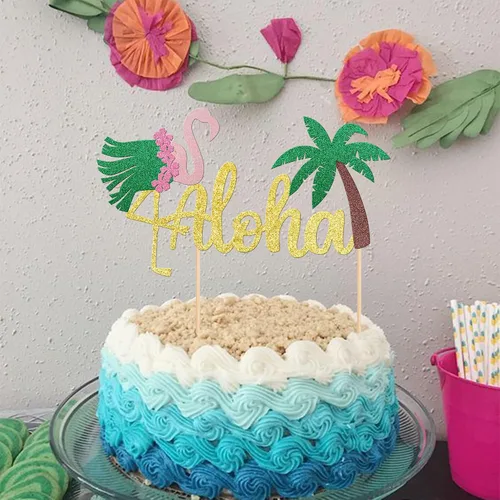 Miniatura 4 de 1 decoración para tarta de Aloha con purpurina para baby shower, paleta, palmera, flamenco, decoración para verano, hawaiano, Luau, tropical, Aloha