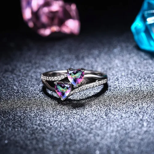 Miniatura 2 de Milacolato Anillo de compromiso de plata de ley 925 para ella 2 encantadores corazones piedras natales bañados en oro blanco joyería tamaño 5-9