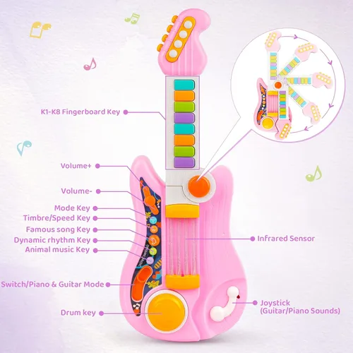 Miniatura 2 de Guitarra para niños 2 en 1 Instrumentos musicales para niños Piano para niños pequeños Juguete de guitarra eléctrica con correa Juguetes musicales
