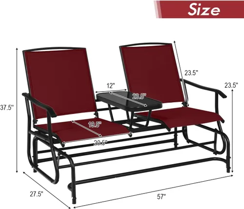 Miniatura 3 de Giantex Banco columpio para exteriores, silla oscilante con estructura de metal, mesa central de vidrio templado, asiento deslizante para dos Borgoña