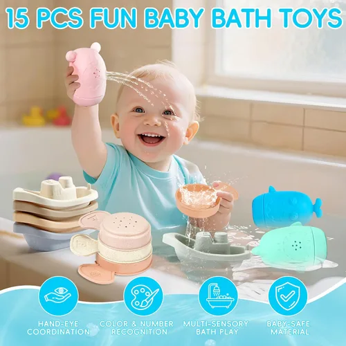 Miniatura 2 de Juguetes de baño para bebés de 1 a 3 años, 15 juguetes de baño sin moho para niños pequeños de 2 a 4 años, juguetes de mesa de agua para bañera