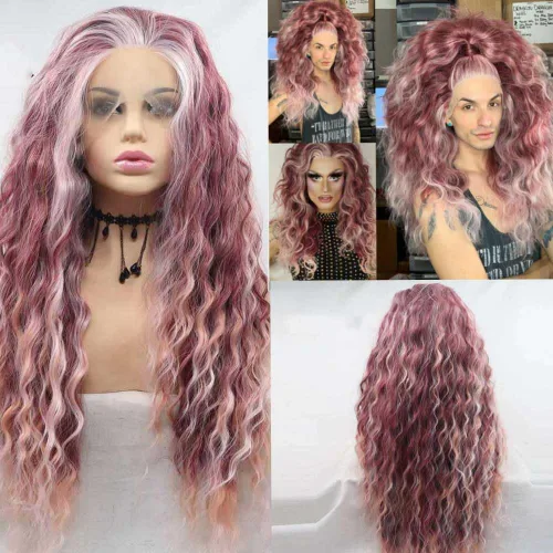 Miniatura 27 de 1001 #Color sintético rubio blanco encaje frente pelucas para mujeres pelo rubio platino largo cuerpo onda peluca resistente al calor fibra larga