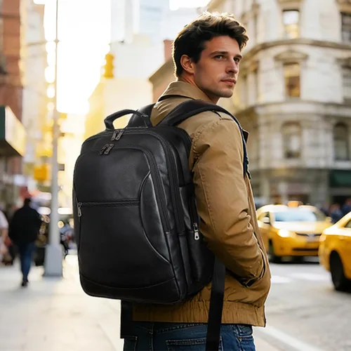 Miniatura 6 de TIDING Mochila de cuero genuino para hombres de gran capacidad 17.3 pulgadas portátil bolsa negra impermeable negocios trabajo viaje mochila