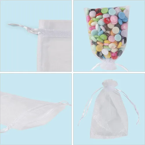 Miniatura 5 de ANZNKU Paquete de 50 bolsas de organza de 5 x 7 pulgadas, pequeñas bolsas de regalo de malla blanca con cordón a granel para recuerdos de fiesta