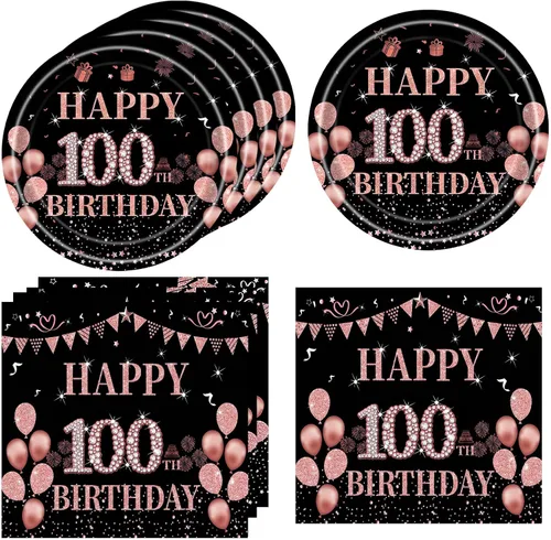 40 piezas de decoraciones de cumpleaños número 100 para mujer, vintage, negro y oro rosa 1926, suministros de cumpleaños de 100 años, incluye platos