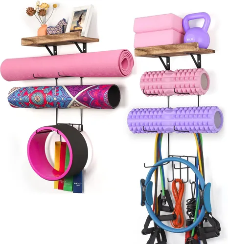 Paquete de 2 soportes para esterilla de yoga de montaje en pared, estante de almacenamiento para esterilla de yoga, accesorios de gimnasio en casa