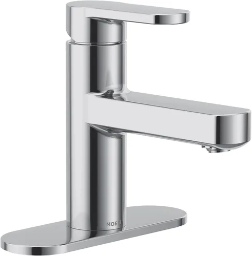 Moen Laris - Grifo cromado de un solo agujero con una manija para lavabo de baño moderno con plato de cubierta opcional y montaje de desagüe con