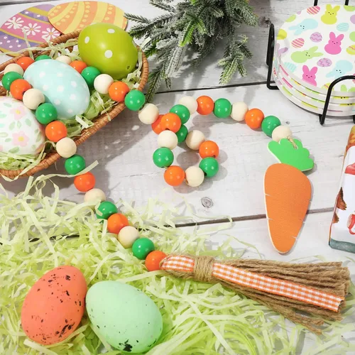 Miniatura 7 de Whaline Guirnalda de cuentas de madera de Pascua con borla, adorno de zanahoria, rústico, granja, cuentas de madera natural, decoración colgante