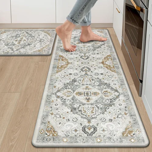 Miniatura 17 de Ileading Juego de 2 tapetes de cocina antifatiga, acolchados para piso, impermeables, antideslizantes, cómodos para cocina, oficina, fregadero, Gris