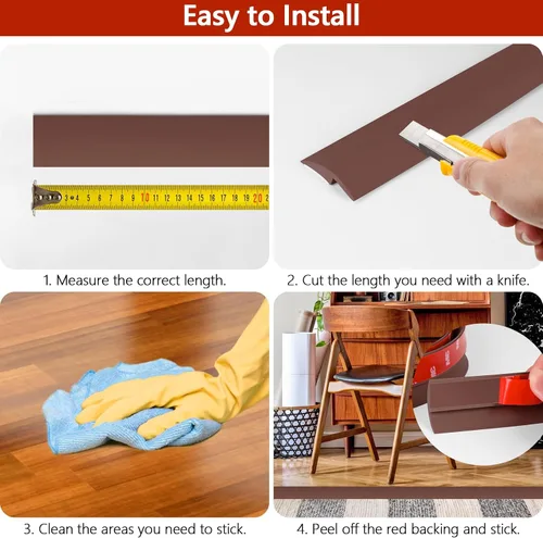 Miniatura 4 de Tira de transición de piso autoadhesiva de 20 pies para borde de alfombra a azulejo, tira de umbral de PVC, tira de unión de piso pelar y pegar, Café