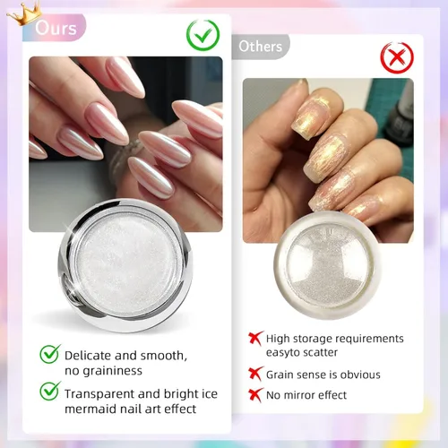 Miniatura 5 de Polvo de uñas cromado perla BISHENGYF: 【Efecto súper espejo】Polvo de uñas cromado perla blanca, transparente como el hielo, aurora cromada para arte