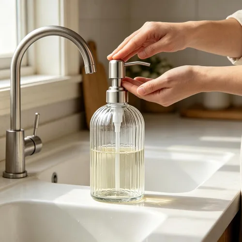 Miniatura 3 de Dispensador de jabón de manos de vidrio, bomba plateada, botella de loción de champú recargable para platos con decoración de cocina de baño
